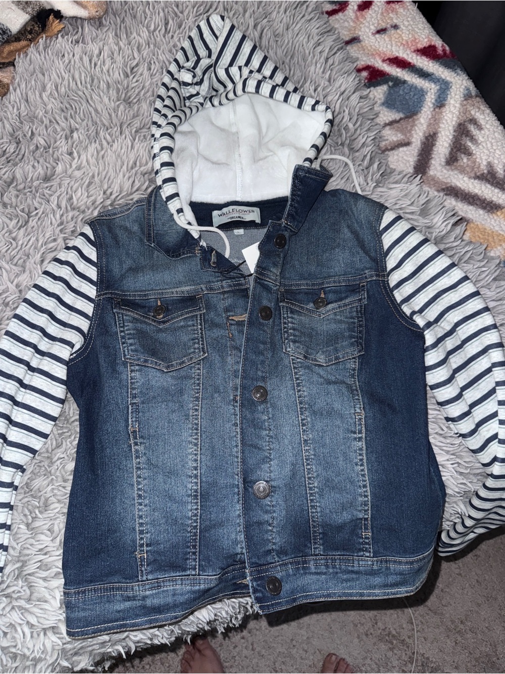 Wallflower Blue Denim Jacket with Striped Hooded Knit Sleeves